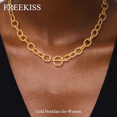 Freekiss 3-Piece Layered Toggle Necklace for Women | Gold/Silver necklace set with herringbone, rope, and paperclip chains plus a toggle clasp for layering, parties, and gifts - color: Toggle Style1 Gold