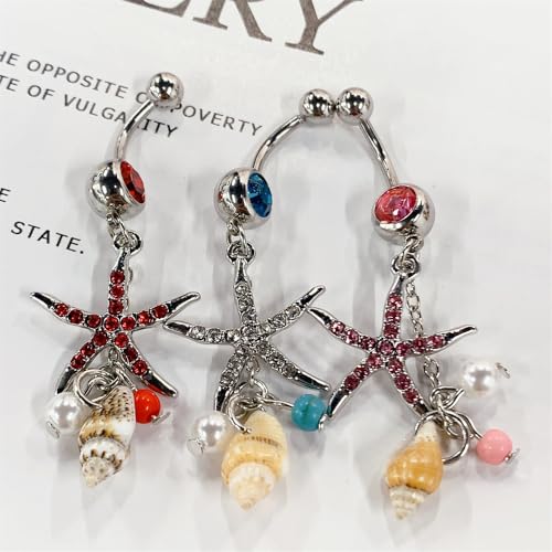 Starfish Dangle Belly Button Rings for Women Rhinestone Ocean Star with Pearl Conch Charm Navel Piercing Stainless Steel Curved Navel Barbell Ring Beach Jewelry - color: Red