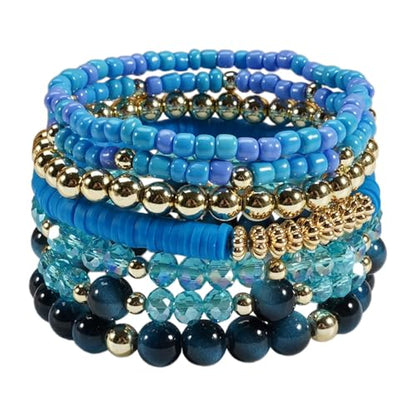 7/12Pcs Set Bohemian Stackable Crystal Seed Beaded Elastic Stretch Bracelet Multilayerd Handmade Brass Bead for Women Jewelry Surfer Heishi Polymer Clay Layering - color: blue