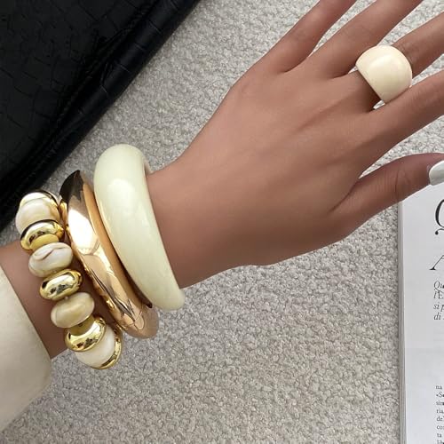 Chunky Gold Acrylic Bangle Bracelets for Women Chunky Resin Beaded Bracelets 14K Gold Plated Bangle Stack Statement Cuff Jewelry Gift - color: WHITE Bracelet