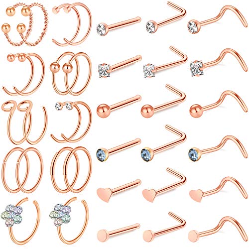 ONESING 9-40 Pcs Nose Rings - Hoops, Studs & L Shape - Hypoallergenic Stainless Steel Nose Piercings for Women & Men - color: Rose gold