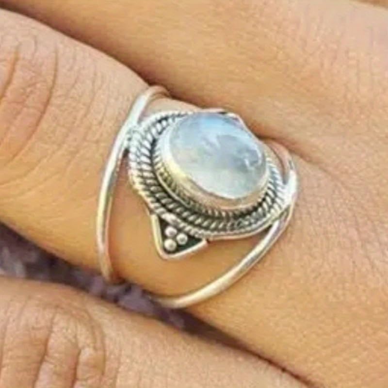 Retro Bohemian Statement Ring Oval Synthetic Moonstone Gemstone Rings for Women Man Daily Holiday Fashion Jewelry - color: white, size: 10
