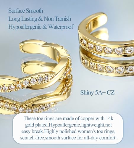 WAINIS 18Pcs Toe Rings for Women | 14K Gold Silver Plated Adjustable Toe Ring,Non Tarnish Simple Hug CZ Triple Open Band Toe Rings,Summer Beach Foot Jewelry - color: gold1