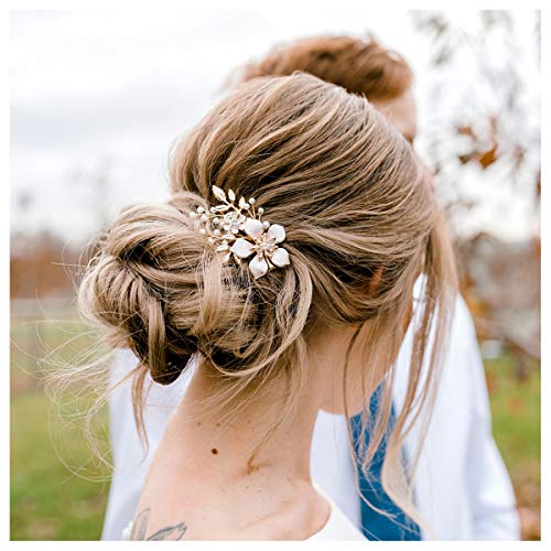 SWEETV Gold Bridal Hair Clip,Floral Bridal Hair Comb Barrette Flower Hair pieces for Brides Wedding - color: Gold-C