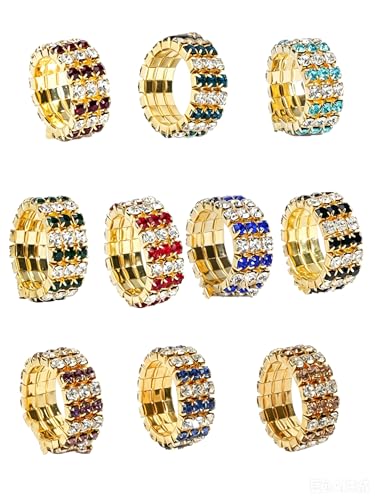 Sparkling Rhinestone Ring Set Trendy Elastic Rhinestone Crystal Stretch Ring Stackable Jewelry for Women Girls - color: 10 Colors in One-B