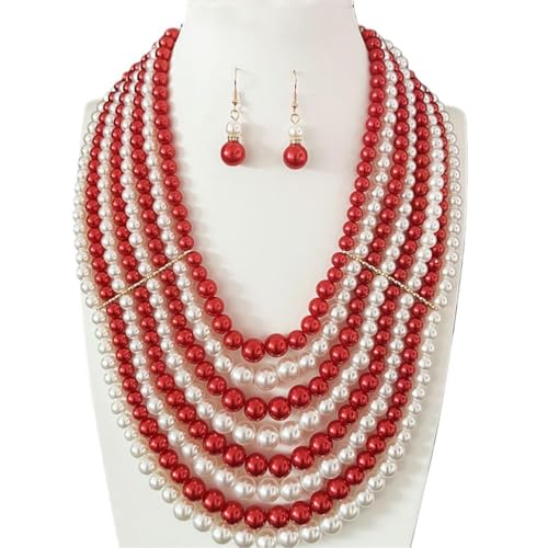 Multilayer Strand Chain Faux Pearls Flapper Beads Cluster Long Choker Necklace - color: Red Necklace