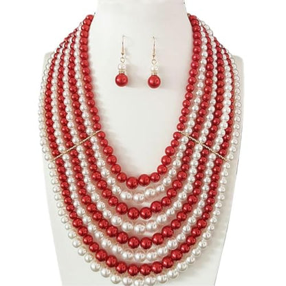 Multilayer Strand Chain Faux Pearls Flapper Beads Cluster Long Choker Necklace - color: Red Necklace