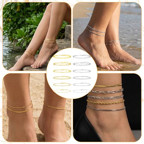 12Pcs Ankle Bracelets for Women Layered Waterproof, Gold/Silver Cuban Link Chain Anklets Set, Adjustable Plus Size Summer Jewelry Gift