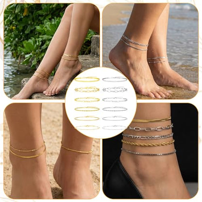 12Pcs Ankle Bracelets for Women Layered Waterproof, Gold/Silver Cuban Link Chain Anklets Set, Adjustable Plus Size Summer Jewelry Gift