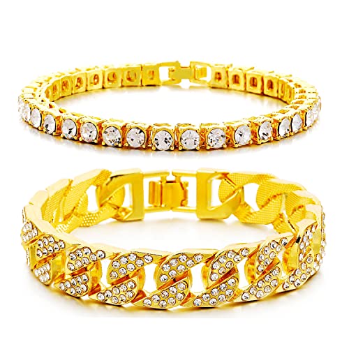 HH BLING EMPIRE 14K Gold and Silver Bracelets Diamond Tennis and Cuban Link Bracelet for Men Women Hip Hop Jewelry - color: Set B-Gold, size: 8.5"