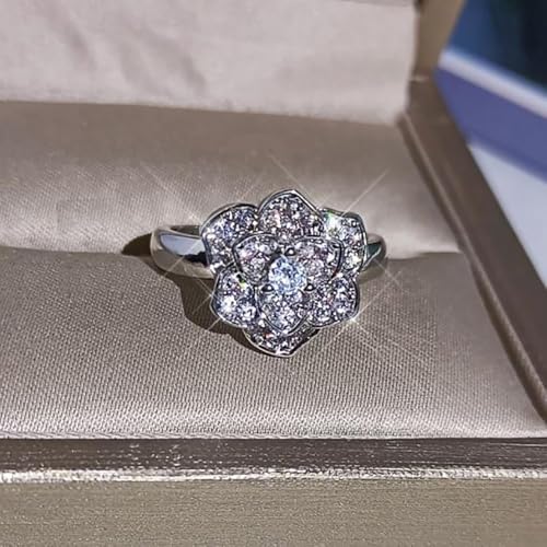 Crystal Rose Flower Spinner Fidget Open Statement Ring for Women CZ Floral Rotated Relief Anxiety Stacking Finger Rings Wedding Engagement Promise Bands Dainty Birthday Jewelry for Adjustable - color: Silver