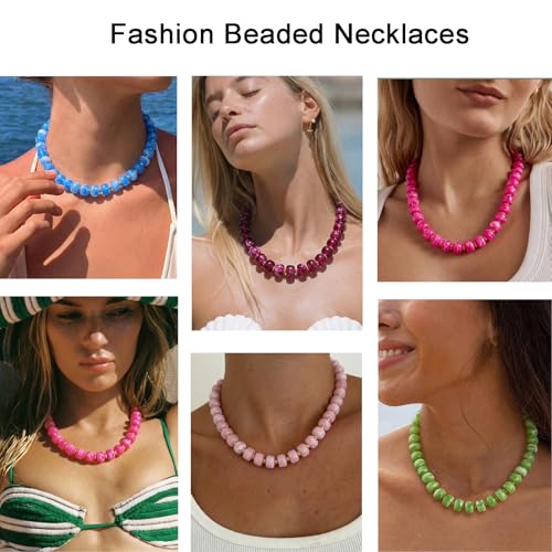 Beaded necklace for Women Boho Bead Gemstone Chunky Necklace Big Bead Necklace Fashion Trendy Summer Necklaces Jewelry Gifts - color: Pink Beaded