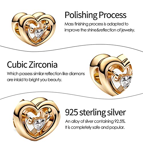 Jewelry Love Heart Charms for Women Bracelets and Necklaces | 925 Sterling Silver,Mother's Day Birthday Christmas - color: Gold Radiant Heart Floating Stone Charm