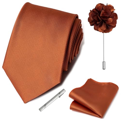 joy alice 30 Colors Solid Ties for Man Pure Color Men's Tie Set with Lapel Pin Pocket Square Tie Clip - color: Rust