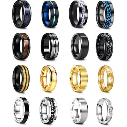 EIELO 16Pcs Stainless Steel Band Rings for Men Cool Black Golden Silvery Plated Rings Comfort Fit Fidget Spinning Chain Ring Fashion Simple Mens Wedding Engagement Ring Set