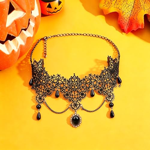 coadipress Gothic Lace Choker Necklace for Women Crystal Royal Court Vampire Choker Gothic Necklace Retro Handmade Halloween Gifts