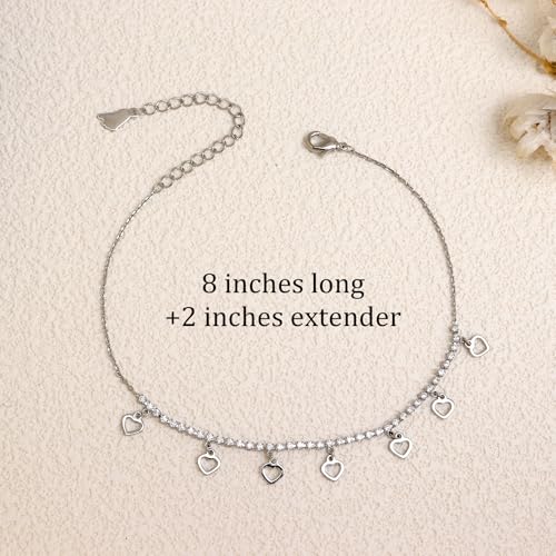Silver Heart Charm Link Anklet for Women, Adjustable Handmade Cubic Zirconia Stackable Waterproof Summer Beach Chain Anklets Jewelry Accessories Gift - color: Silver Hollowed Heart