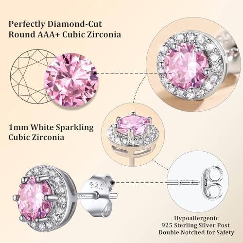 Bestyle 8mm Small Birthstone Earrings for Women with Hypoallergenic Sterling Silver Post,Sparkle Heart/Round Womens Studs Earrings, Great Birthday/Christmas/Anniversary Jewelry for Wife Mother - color: 10. Oct. Pink Tourmaline-Round