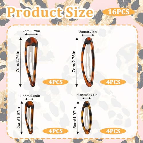 16 Pcs Snap Hair Clips, 4 Size Classic Tortoise Metal Hair Clips No Slip Oval Snap Hairs Clip for Women Girls Various Fine and Thick Hairs DIY Hairstyling Accessories