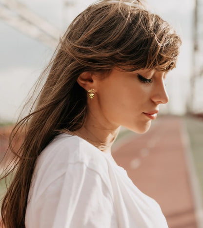 18K Gold Plated & Silver Chunky Heart & Bow Earrings for Women, Chunky Heart Dangle Hoops/Tiny Studs, Kawaii Dainty Hypoallergenic Jewelry for Multiple Piercings, Gift for Her - style: Bow&Heart-Gold