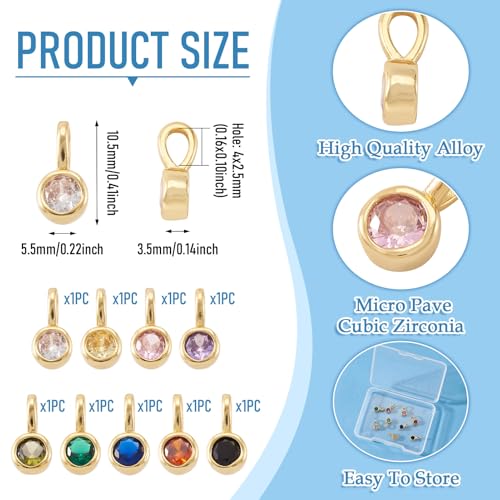 Beadthoven 9Pcs Gold Plated Cubic Zirconia Charms Round Crystal Dangle Bead Charms Long-Lasting Plated Brass Rhinestone Birthstone Pendants for Jewelry Making Necklace Earrings Bracelet DIY Craft - color: Round Mix