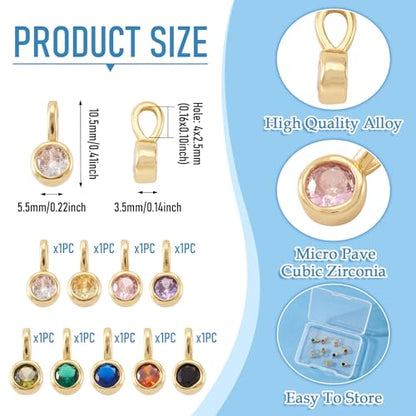 9Pcs Cubic Zirconia Charms Flat Round Brass Golden Plated Pendants Faceted Crystal Drop Birthstone Dangle Charms for DIY Necklace Earring Jewelry Making 10.5x5.5x3.5mm - color: Flat Round