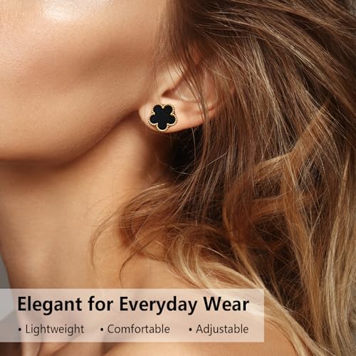 Clover Jewelry Set for Women, 18K Gold Plated Necklace Bracelet & Stud Earrings Set, Stainless Steel Non Tarnish Gold Jewelry Set, Lucky Necklace and Earring Set Gift for Her - color: Black