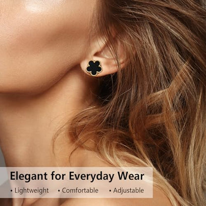 Clover Jewelry Set for Women, 18K Gold Plated Necklace Bracelet & Stud Earrings Set, Stainless Steel Non Tarnish Gold Jewelry Set, Lucky Necklace and Earring Set Gift for Her - color: Black