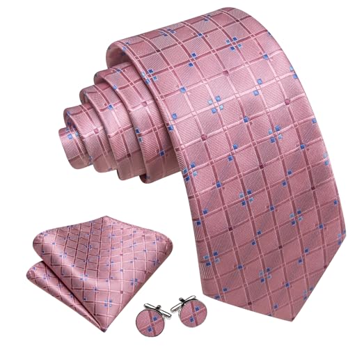 YOHOWA Men Plaid/Striped Ties Clip Set Silk Necktie Pocket Square Cufflinks | Woven Classic,Formal/Casual Mens Tie,Pocket Square Cufflinks Set,Luxury,Business,Wedding,Party,Prom,Graduation - color: Dusty Rose a