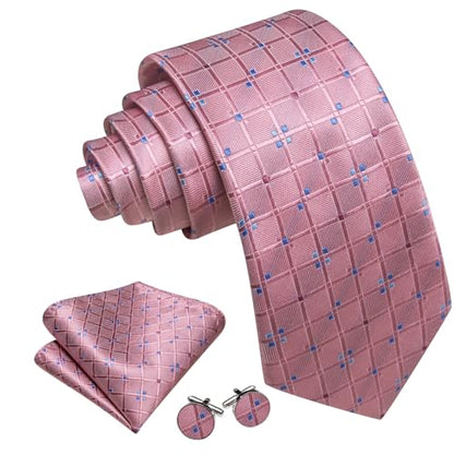 YOHOWA Men Plaid/Striped Ties Clip Set Silk Necktie Pocket Square Cufflinks | Woven Classic,Formal/Casual Mens Tie,Pocket Square Cufflinks Set,Luxury,Business,Wedding,Party,Prom,Graduation - color: Dusty Rose a