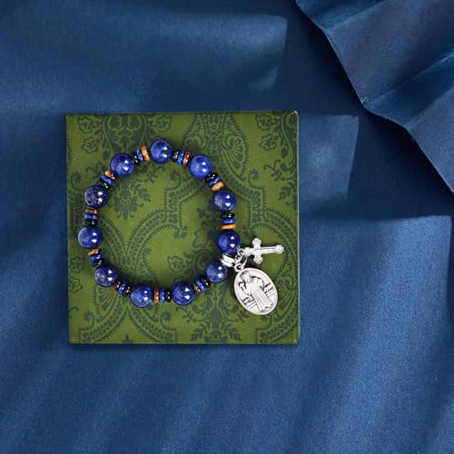 Rosary for Men Women, Natural Stone Beads with St. Benedict Bracelet | 8 mm Natural Stone Prayer Beads with 10 mm Accent Beads, St. Benedict Crucifix, Matching Bracelet, Gift Box and Pouch. - color: Lapis Lazuli