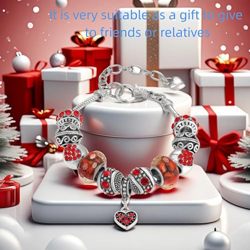 Pink Hearts Silver Plated Charm Bracelet, DIY Jewelry for Women with Beads, Charms, and Adjustable Snake Chain, Fits 7.5"+1.5" - color: Red, size: 19cm