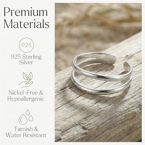 Sterling Silver Toe Ring, Adjustable Open Band, Handmade | Fits Toe, Knuckle or Pinky Ring | One Size Fits Most | Comfortable to Wear | Minimalist Style | Water Resistant - style: Double Band 2