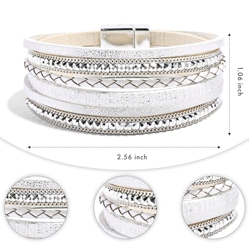 VIBILIA Boho Leather Wrap Bracelets for Women Multi-Layer Bracelets | With Strong Clasp Jewelry for Women - color: 03-BohoBraid-White