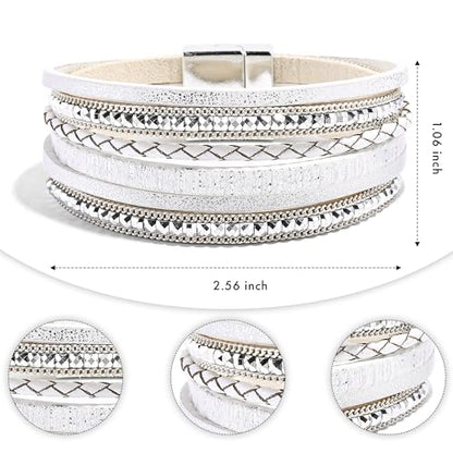 VIBILIA Boho Leather Wrap Bracelets for Women Multi-Layer Bracelets | With Strong Clasp Jewelry for Women - color: 03-BohoBraid-White