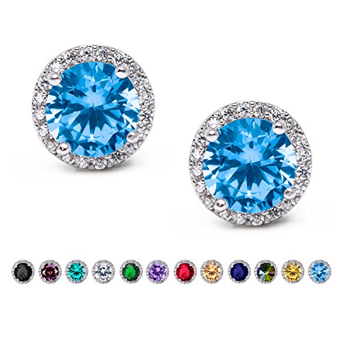 SWEETV Cubic Zirconia Stud Earrings, 8mm Round Cut, Rhinestone Hypoallergenic Earrings for Women & Girls | 9mm Round Cut Hypoallergenic 925 Sterling Silver Stud Earrings for Bridal Bridesmaid Prom Weddings Parties,Silver - color: 11.Lake Blue