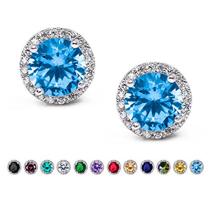 SWEETV Cubic Zirconia Stud Earrings, 8mm Round Cut, Rhinestone Hypoallergenic Earrings for Women & Girls | 9mm Round Cut Hypoallergenic 925 Sterling Silver Stud Earrings for Bridal Bridesmaid Prom Weddings Parties,Silver - color: 11.Lake Blue