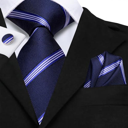 Hi-Tie Men's Silk Ties Formal Woven Classic Necktie Pocket Square Cufflinks Lapel Pin Set Wedding Business - color: B Navy Blue