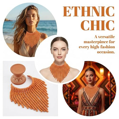 Coiris Boho African Wooden or Acrylic Beaded Bib Statement Necklace Strands Layered Cluster Chunky Collar Choker Wood Necklace for Women Fashion Costume Jewelry - color: Orange