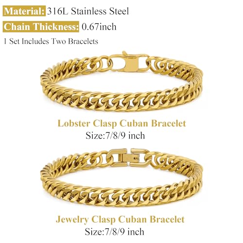 2PCS Cuban Link Bracelet, Silver Gold Black Sturdy 316L Stainless Steel Cuban Link Chain for Men Jewelry Set with Gift Message Card 8mm, 7/8/9 Inches - color: Gold, size: 8 inches