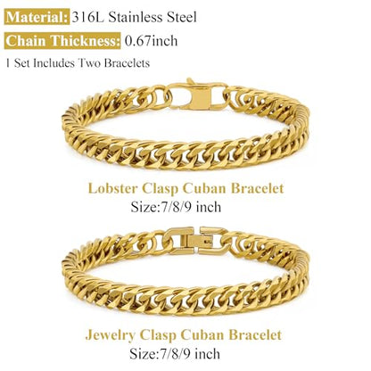 2PCS Cuban Link Bracelet, Silver Gold Black Sturdy 316L Stainless Steel Cuban Link Chain for Men Jewelry Set with Gift Message Card 8mm, 7/8/9 Inches - color: Gold, size: 9 inches