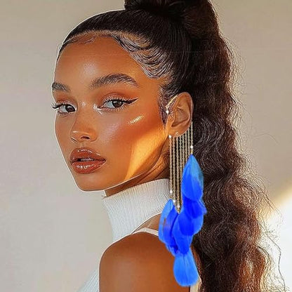 Catery Feather Earrings Long Tassel Boho Earrings Dangling Fringe Prom Jewelry for Women - color: Royal Blue