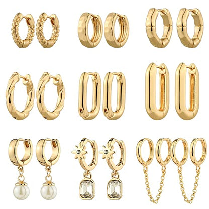 9 Pairs Gold Chunky Hoop Earrings Set for Women, 14K Gold Plated Twisted Huggie Hoop Earring Hypoallergenic, Lightweight Thick Open Hoops Earrings Jewelry Gifts. - color: B-9 Gold Hoop Earrings
