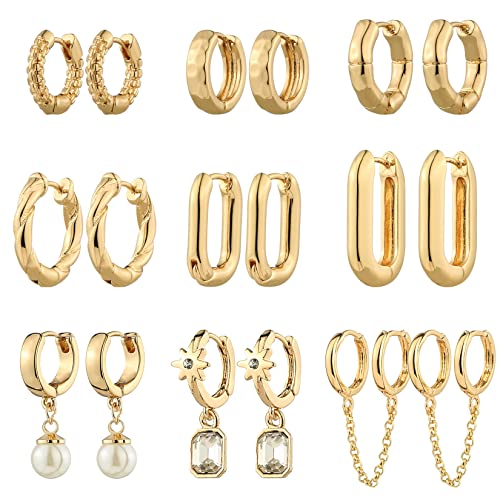 9 Pairs Gold Chunky Hoop Earrings Set for Women, 14K Gold Plated Twisted Huggie Hoop Earring Hypoallergenic, Lightweight Thick Open Hoops Earrings Jewelry Gifts. - color: B-9 Gold Hoop Earrings
