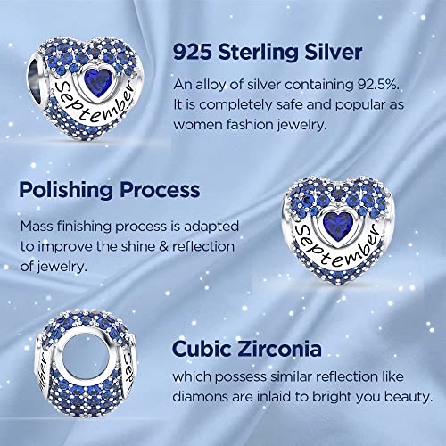 Birthstone Charms Love Heart Openwork Bead Charm for Women Bracelets and Necklaces 925 Sterling Silver with 5A Cubic Zirconia,Jewelry Gifts Women - color: September Birthstone Charms