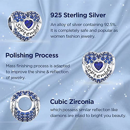 Birthstone Charms Love Heart Openwork Bead Charm for Women Bracelets and Necklaces 925 Sterling Silver with 5A Cubic Zirconia,Jewelry Gifts Women - color: September Birthstone Charms