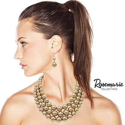 Rosemarie & Jubalee Women's 3 Colorful Multi Strands Simulated Pearl Necklace And Earrings Jewelry Gift Set, 18"+3" Extender - color: Polished Metallic Gold