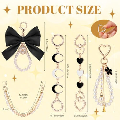 Sureio 5 Pcs Bag Extender Chain Pearl Purse Chain Ribbon Bow Keychain Extender Bag Strap Purse Charms Accessories for Handbag - color: Black and White
