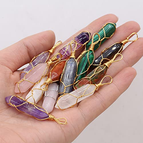 LE SKY 12 Pcs Natural Stone Pendants Hexagonal Pointed Chakra Stone Pendants Wire Knitting Crystal Beads for Jewelry Making Necklace