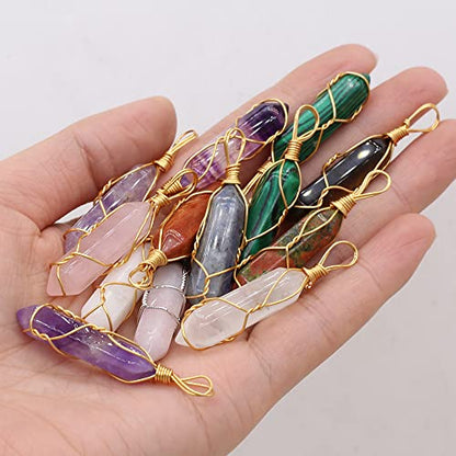 LE SKY 12 Pcs Natural Stone Pendants Hexagonal Pointed Chakra Stone Pendants Wire Knitting Crystal Beads for Jewelry Making Necklace
